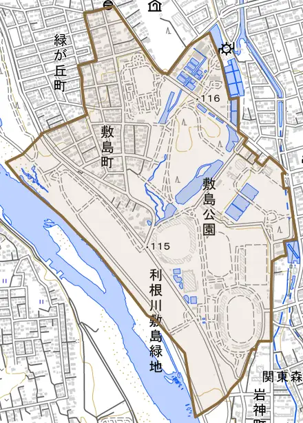 敷島町とその周辺の地図。町の範囲を重ねている