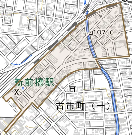 新前橋町とその周辺の地図。町の範囲を重ねている