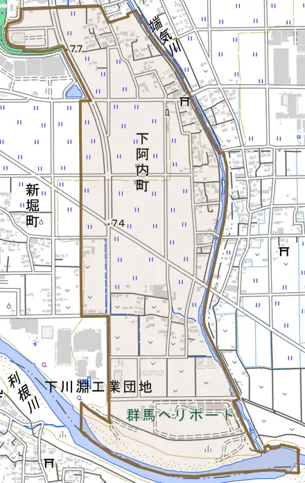 下阿内町とその周辺の地図。町の範囲を重ねている