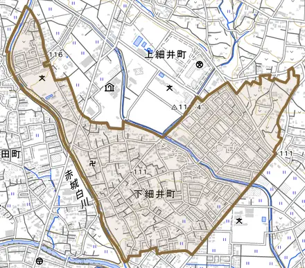 下細井町とその周辺の地図。町の範囲を重ねている