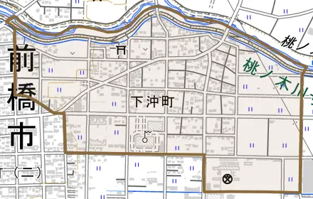 下沖町とその周辺の地図。町の範囲を重ねている