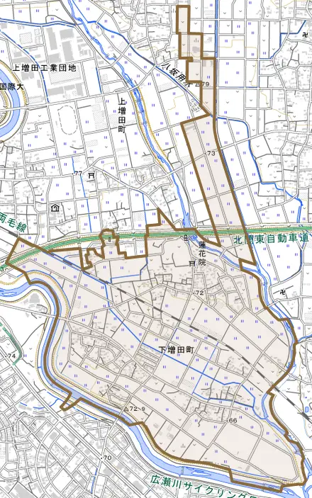 下増田町とその周辺の地図。町の範囲を重ねている