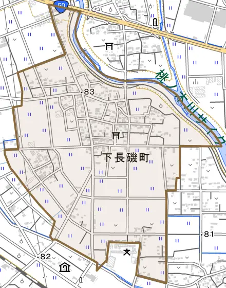 下長磯町とその周辺の地図。町の範囲を重ねている