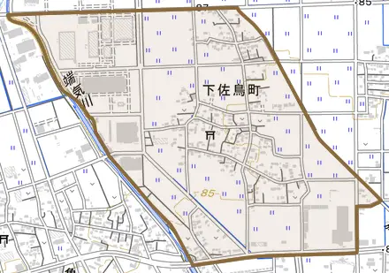 下佐鳥町とその周辺の地図。町の範囲を重ねている