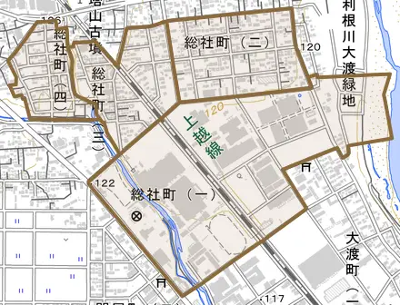 総社町とその周辺の地図。町の範囲を重ねている