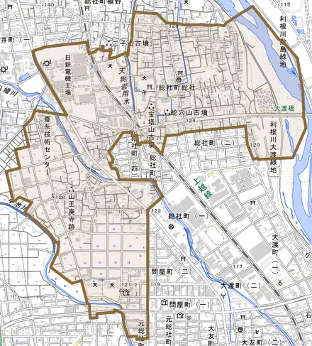 総社町総社とその周辺の地図。町の範囲を重ねている