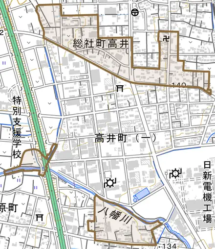 総社町高井とその周辺の地図。町の範囲を重ねている
