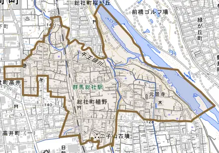 総社町植野とその周辺の地図。町の範囲を重ねている
