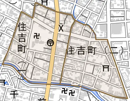 住吉町とその周辺の地図。町の範囲を重ねている