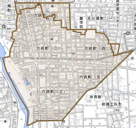 六供町とその周辺の地図。町の範囲を重ねている