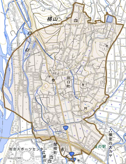 田口町とその周辺の地図。町の範囲を重ねている