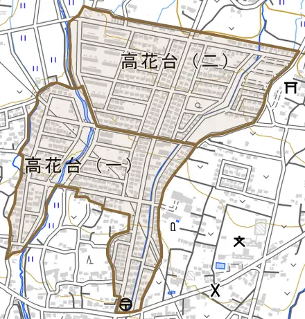 高花台とその周辺の地図。町の範囲を重ねている