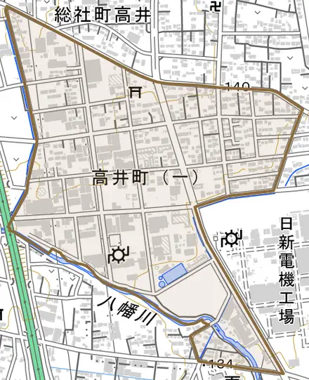 高井町とその周辺の地図。町の範囲を重ねている