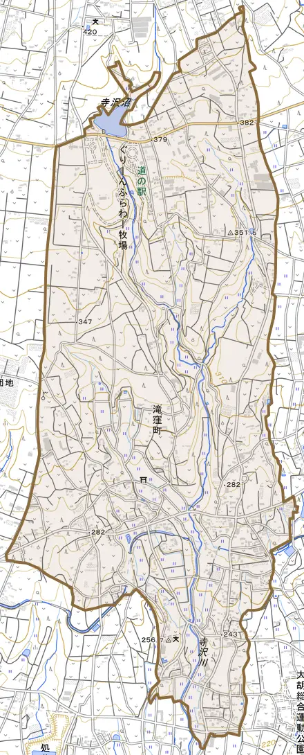 滝窪町とその周辺の地図。町の範囲を重ねている