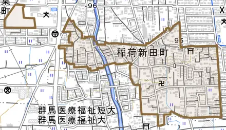 稲荷新田町とその周辺の地図。町の範囲を重ねている