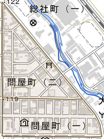 問屋町とその周辺の地図。町の範囲を重ねている