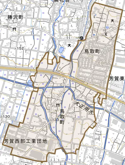 鳥取町とその周辺の地図。町の範囲を重ねている