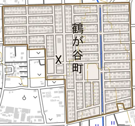 鶴が谷町とその周辺の地図。町の範囲を重ねている
