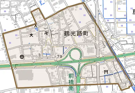 鶴光路町とその周辺の地図。町の範囲を重ねている