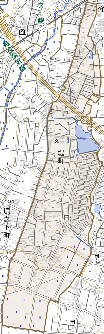 堤町とその周辺の地図。町の範囲を重ねている