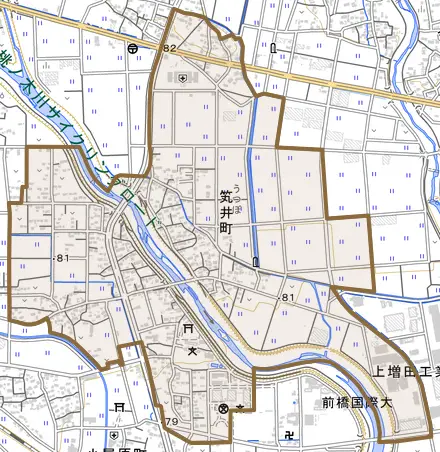 笂井町とその周辺の地図。町の範囲を重ねている
