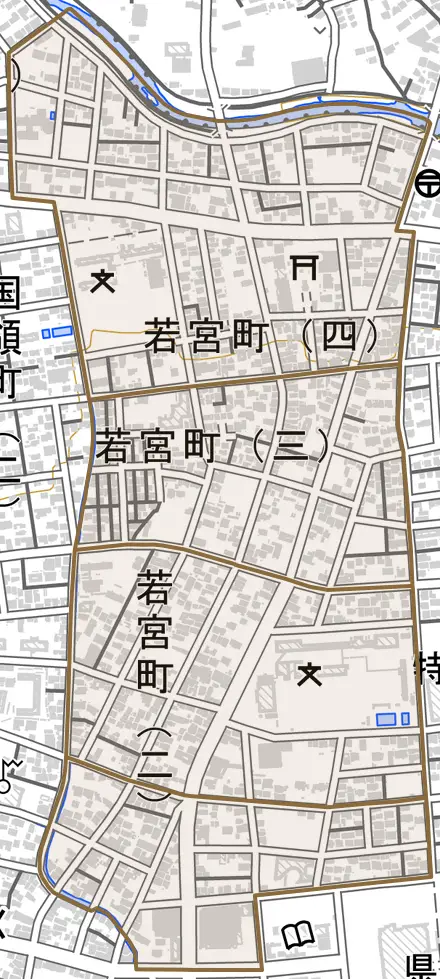 若宮町とその周辺の地図。町の範囲を重ねている
