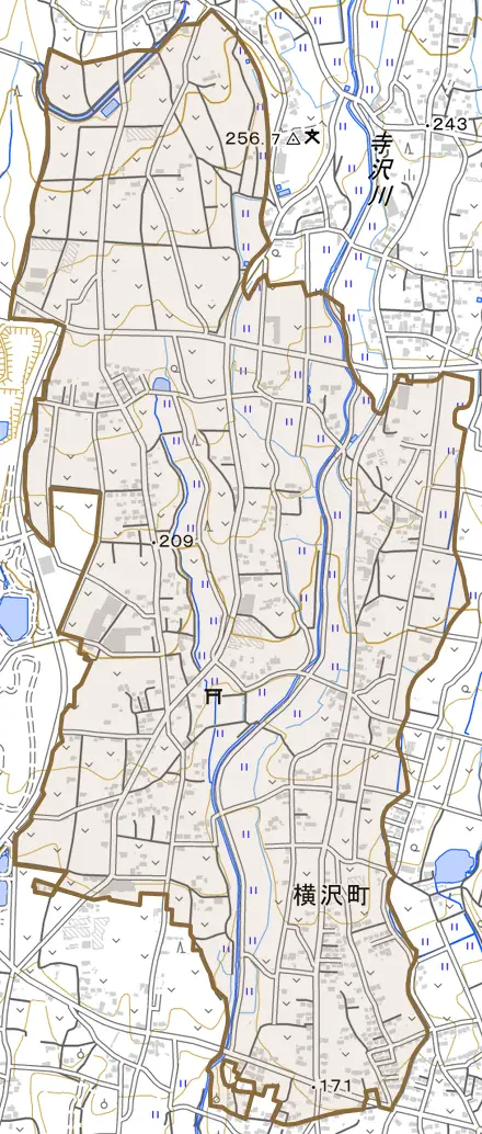 横沢町とその周辺の地図。町の範囲を重ねている