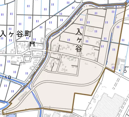 入ケ谷とその周辺の地図。町の範囲を重ねている