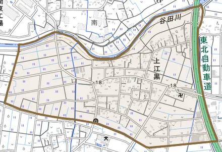 上江黒とその周辺の地図。町の範囲を重ねている