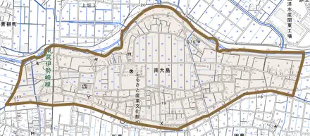 南大島とその周辺の地図。町の範囲を重ねている