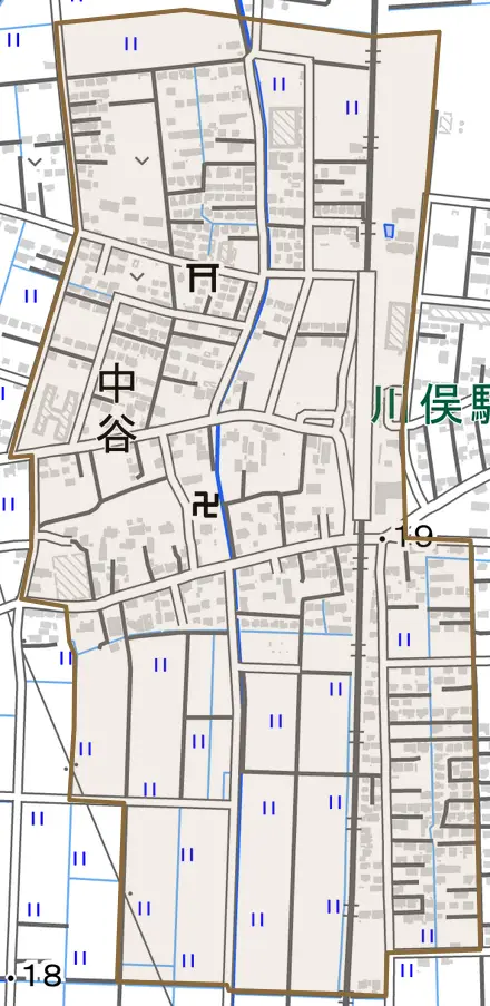 中谷とその周辺の地図。町の範囲を重ねている