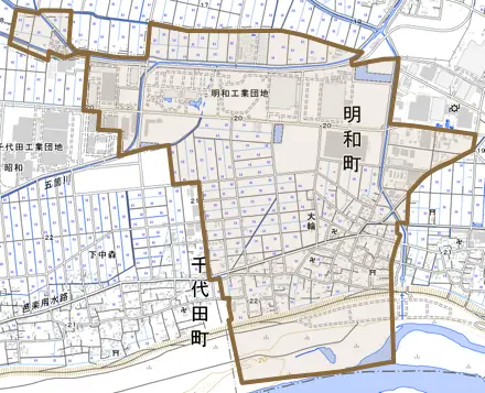 大輪とその周辺の地図。町の範囲を重ねている