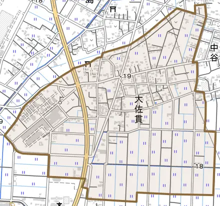 大佐貫とその周辺の地図。町の範囲を重ねている