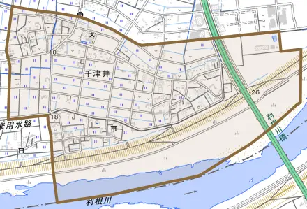 千津井とその周辺の地図。町の範囲を重ねている