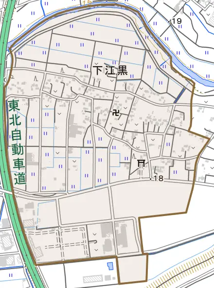 下江黒とその周辺の地図。町の範囲を重ねている