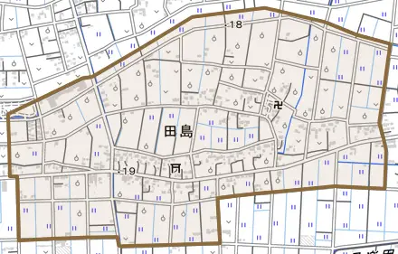 田島とその周辺の地図。町の範囲を重ねている