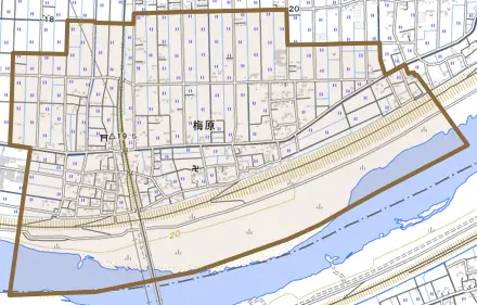 梅原とその周辺の地図。町の範囲を重ねている