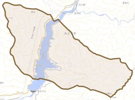 東町草木とその周辺の地図。町の範囲を重ねている