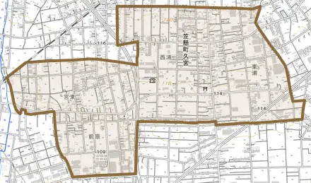 笠懸町久宮とその周辺の地図。町の範囲を重ねている