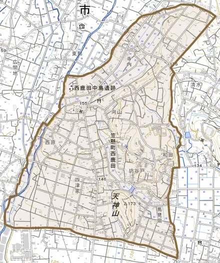 笠懸町西鹿田とその周辺の地図。町の範囲を重ねている