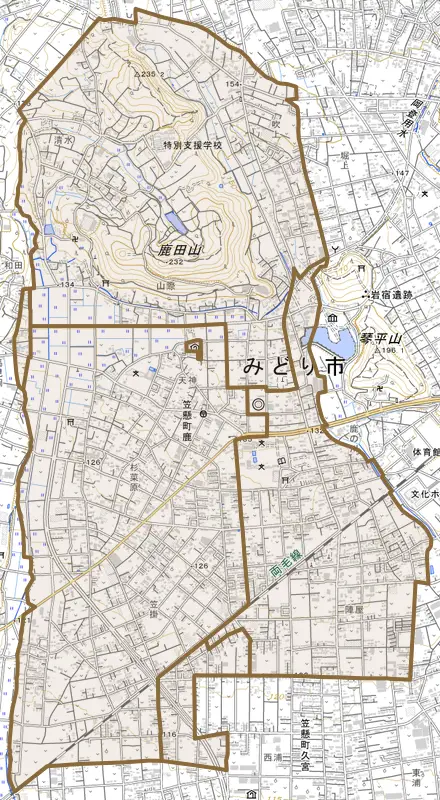 笠懸町鹿とその周辺の地図。町の範囲を重ねている