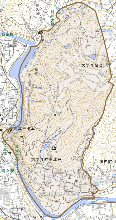 大間々町高津戸とその周辺の地図。町の範囲を重ねている