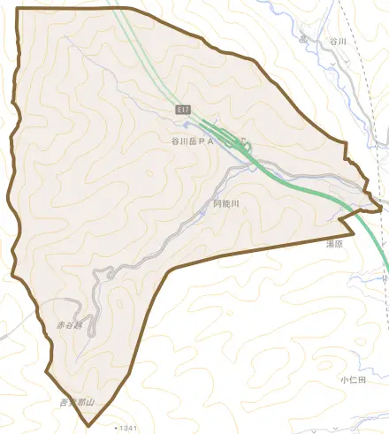 阿能川とその周辺の地図。町の範囲を重ねている