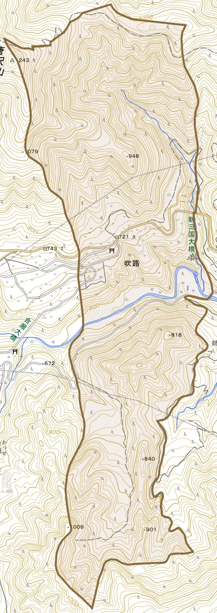 吹路とその周辺の地図。町の範囲を重ねている