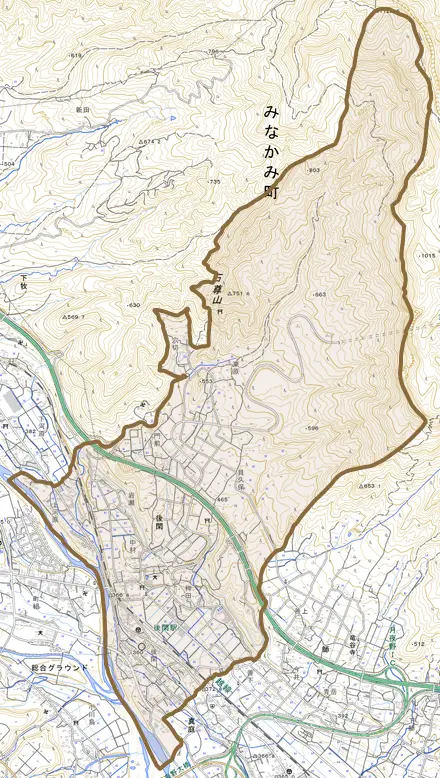 後閑とその周辺の地図。町の範囲を重ねている