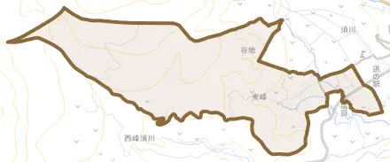 東峰とその周辺の地図。町の範囲を重ねている