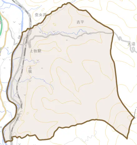 上牧とその周辺の地図。町の範囲を重ねている