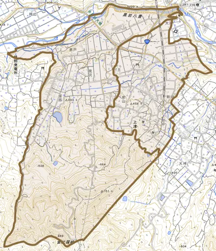 上津とその周辺の地図。町の範囲を重ねている