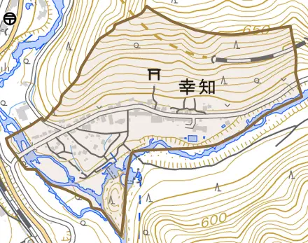 幸知とその周辺の地図。町の範囲を重ねている