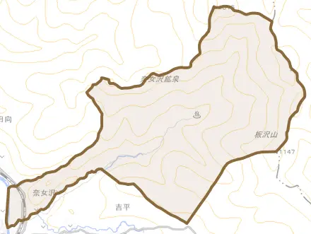 奈女沢とその周辺の地図。町の範囲を重ねている